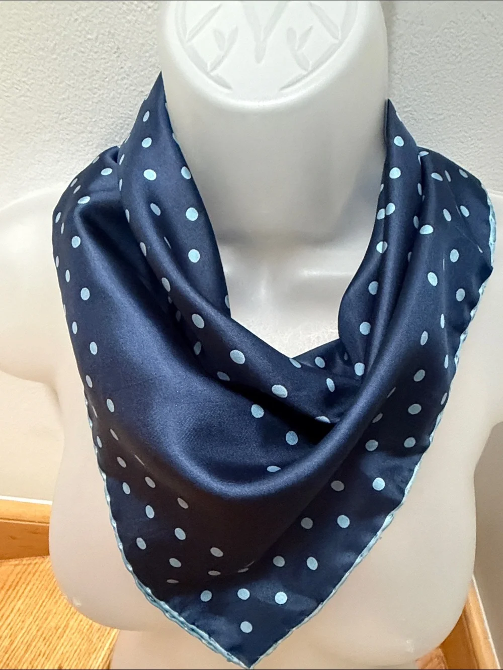 VTG Timeless Navy Blue Polka Dot Square Silk Scarf | Neck / Hair Scarf